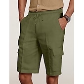 cheap Classic-Men&#039;s Cargo Shorts Shorts Linen Shorts Summer Shorts Beach Shorts Drawstring Elastic Waist Multi Pocket Plain Knee Length Outdoor Casual Daily Vacation Casual Black White Inelastic