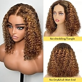 voordelige Pruiken van echt haar, met kanten voorzijde-Onverwerkt maagd haar 4x13 Sluiting Pruik Korte bob Braziliaans haar Diep krullend Afro Kinky Curly Oranje Bordeaux Meerkleurig Pruik 130% 150% 180% Haardichtheid met babyhaar Haar met highlights