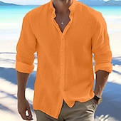 cheap Vacation-Men&#039;s Shirt Summer Shirt Beach Wear Button Up Shirt Black White Pink Red Long Sleeve Plain Band Collar Spring &amp; Summer Casual Daily Clothing Apparel 100% Cotton