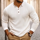 cheap Men&#039;s Classic Polo-Men&#039;s Golf Shirt Waffle Knit Polo Shirt Formal Business Ribbed Polo Collar Long Sleeve Fashion Solid Color Button Spring &amp;  Fall White Golf Shirt