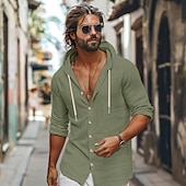 economico Strada-Per uomo Camicia camicia di lino Abbigliamento mare Camicia con bottoni Camicia con cappuccio Liscio Informale Giornaliero Nero Bianco Verde Cachi Manica lunga Con cappuccio Primavera estate