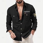 cheap Men's Western Shirts-Men's Texas Cow Print Work Shirt Western Shirt Cargo Shirt Long Sleeve Casual Tactical Sports &amp; Outdoor Going out Winter Spring &amp;  Fall Turndown Print Black Army Green Khaki Beige