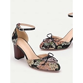 economico Block Heels-scarpe col tacco a blocco con cinturino alla caviglia e motivo floreale da donna con dettaglio fiocco, perfette per le occasioni di ispirazione vintage