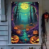 cheap Wall Tapestries-Halloween Window Cover Decorations, Fabric Stained Glass Pumpkin Halloween Curtain Poster Window Door Covering Decor for Haunted House, Scary Halloween Window Clings Decals Indoor Outdoor