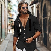 economico Strada-Per uomo Camicia camicia di lino Abbigliamento mare Camicia con bottoni Camicia con cappuccio Liscio Informale Giornaliero Nero Bianco Verde Cachi Manica lunga Con cappuccio Primavera estate