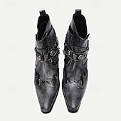 cheap Premium Leather Boots-Men&#039;s Black Premium Cowhide Leather Motorcycle Boots with Western Style, Metal Studded Strap, and Chain Accent – Perfect for Biker and Cowboy-Inspired Fashion