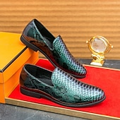 cheap Semi-Formal-Men&#039;s Snakeskin Print Loafers – Stylish Green and Black Glossy Slip-On Shoes with Modern Design, Perfect for Formal and Semi-Formal Occasions