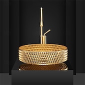 abordables Lavabos de cubeta-Combinación de lavabo de baño redondo, lavabo de baño de vidrio enchapado contemporáneo y grifo de cascada con acabado cromado