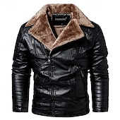 billiga Skinnimiterad jacka-Herr Imitationsläderjacka Fleece-jacka Bikerjacka Motorcykeljacka Dagligen Semester Vindtät Håller värmen Ficka Höst vinter Slät Mode Klassisk Kavajslag Normal Svart Rubinrött Brun Kaffe Jacka