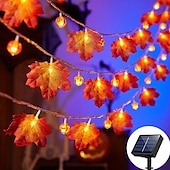 رخيصةأون يعمل بالطاقة الشمسية-سلسلة أضواء ثلاثية الأبعاد تعمل بالطاقة الشمسية على شكل أوراق القيقب اليقطينية بطول 6.5 متر و30 مصباح LED خارجي مقاوم للماء لحديقة الخريف وعيد الشكر وعيد الميلاد وحفلات الزفاف والعطلات وفناء المنزل