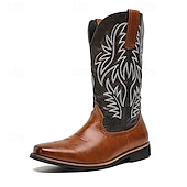 levne Cowboy &amp; Western Boots-pánské dvoubarevné westernové kovbojské boty – vintage styl s vyšívanou stopkou, hnědá a černá umělá kůže, ideální pro rodeo nebo běžné nošení