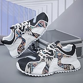 cheap Men&#039;s Sneakers-Men&#039;s White Athletic Sneakers with Tribal Print and Mesh Upper – Lightweight Running Shoes for Sports and Casual Wear