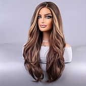 abordables Perruques Synthétiques Sans Bonnet-perruque synthétique longue et bouclée - brun riche avec des accents blonds, longueur luxueuse, texture rebondissante et style d&#039;apparence naturelle - parfaite pour les femmes au quotidien et les