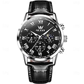 abordables Montres à quartz-Montre en Quartz pour Hommes OLEVS Montre de Mode Décontractée avec Phase de Lune Calendrier Lumineux Chronographe Montre en Cuir
