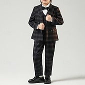 billiga Pojkes formella kostym-4 delar Ringbärarkostym Pojkar Barn Kostym Formell kostym Kostym och blazer Formellt set Formell Fest Mode Häftig Rutig Ficka Svart Kaffe Polyester