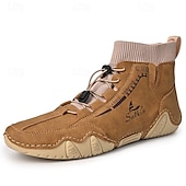 abordables Bottines-bottines décontractées en similicuir marron clair pour hommes avec détails cousus à la main, tige en tricot et lacets à bascule réglables - conception confortable et robuste pour l&#039;extérieur et le quotidien