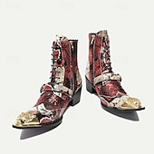 baratos Botas de couro premium-Botas de Motocicleta em Couro de Vaca Premium Masculinas com Cadarço e Fivela de Dragão com Ponta Dourada Padrão de Pele de Cobra e Lantejoulas–Estilo Western Ousado para Eventos de Motocicleta e