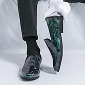 cheap Semi-Formal-Men&#039;s Snakeskin Print Loafers – Stylish Green and Black Glossy Slip-On Shoes with Modern Design, Perfect for Formal and Semi-Formal Occasions