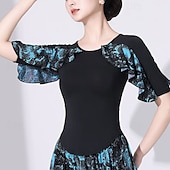お買い得  トップとセット-ラテンダンス 上着 捺染 ラッフル スプライシング 女性用 性能 訓練 ハーフスリーブ ハイウエスト ポリエステル