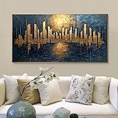 お買い得  風景画-キャンバスに描かれた手作りのオリジナル都市建築油絵。抽象的なテクスチャの都市建築の壁アート。室内装飾用。枠付き/内枠なし。