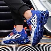 cheap Men's Running Shoes-Men's Blue Athletic Sneakers with Unique Hollow Sole Design, Breathable Knit Upper, and Flame Detail – Lightweight Running Shoes with Orange Accents