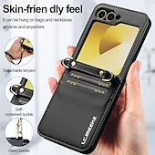 baratos Capa Samsung-telefone Capinha Para Samsung Galaxy Z Flip 7 Z Virar 6 Z Flip 5 Z Flip 4 Z Flip 3 Capa traseira com cordão com pulseira Slot para cartão TPU Metal Couro PU