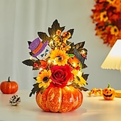 baratos Guirlandas de Halloween e Decorações Florais-enfeite de mesa de outono de Halloween com abóbora falsa, folhas de bordo e luz LED para o festival da colheita de outono, decoração de cena assustadora de Halloween para casa e festa de outono