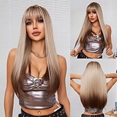 billige Syntetiske trendy parykker-Syntetiske parykker uniformer karriere Kostymer Prinsesse Rett Kinky Glatt Midtdel Lagvis frisyre Maskinprodusert Parykk 26 tommer (ca. 66cm) Svart og Gull Syntetisk hår Dame Cosplay Fest Mote Gull