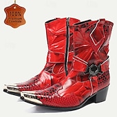cheap Premium Leather Boots-Men&#039;s Red Premium Cowhide Motorcycle Boots with Snake Pattern, Metal Toe Cap, and Western Style – Perfect for Riding and Outdoor Adventures