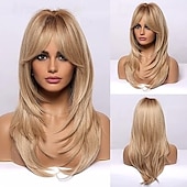 baratos Perucas Sintéticas sem Touca-perucas longas de cabelo sintético em camadas para mulheres com franja