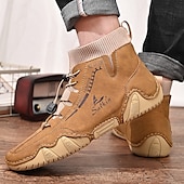 abordables Bottines-bottines décontractées en similicuir marron clair pour hommes avec détails cousus à la main, tige en tricot et lacets à bascule réglables - conception confortable et robuste pour l&#039;extérieur et le quotidien