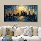 お買い得  風景画-キャンバスに描かれた手作りのオリジナル都市建築油絵。抽象的なテクスチャの都市建築の壁アート。室内装飾用。枠付き/内枠なし。