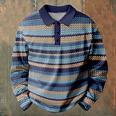 お買い得  メンズプリントポロシャツ-男性用 ライン／ウェイブ ポロシャツ Pullover 長袖 ポロシャツ カラー カジュアル 日常着 ボタン 3Dプリント 春 秋 冬 ブルー