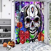 baratos Cortinas de Banho-cortina de chuveiro de halloween com ganchos para banheiro cortina de chuveiro de caveira conjunto de decoração de banheiro poliéster à prova d&#039;água pacote com 12 ganchos de plástico cabeças de