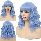 economico Parrucche trendy sintetiche-parrucche corte ondulate con frangia per donne parrucche caschetto ricce parrucche lunghe fino alle spalle per donne bianche parrucche sintetiche per costumi da donna con frangia per cosplay