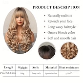 economico Parrucche trendy sintetiche-parrucche lunghe con radici scure, parrucca sintetica ondulata e sciolta con frangia per le donne, per feste quotidiane e cosplay