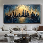 お買い得  風景画-キャンバスに描かれた手作りのオリジナル都市建築油絵。抽象的なテクスチャの都市建築の壁アート。室内装飾用。枠付き/内枠なし。