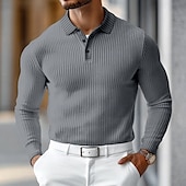 preiswerte Klassisches Poloshirt für Herren-Herren Poloshirt Rippstrick-Oberteil Geschäft Casual Gerippter Polokragen Langarm Modisch Basic Feste Farbe Gestrickt Herbst Winter Regular Fit Dunkelgrau Schwarz Weiß Burgunderrot Marineblau