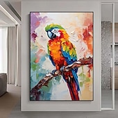 abordables Pinturas de animales-Pintura de loro con espátula grande, pintura al óleo de animales con textura abstracta hecha a mano de gran tamaño, arte de pared, hermosa pintura de pájaros, decoración de pared de sala de estar,