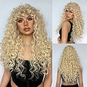 baratos Perucas Sintéticas sem Touca-Perucas sintéticas Uniformes Trajes de carreira Princesa Encaracolado Deep Curly Parte do meio Corte em Camadas Com Franjas Fabrico à Máquina Peruca 26 polegadas Dourado Suave Cabelo Sintético