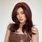 baratos Perucas Sintéticas sem Touca-Perucas sintéticas Uniformes Trajes de carreira Princesa Liso Kinky Liso Parte do meio Corte em Camadas Com Franjas Fabrico à Máquina Peruca 22 polegadas Vermelho Vinho Cabelo Sintético Mulheres