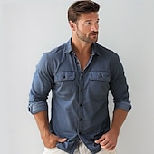 cheap Men&#039;s Elite Shirts-Men&#039;s 100% Cotton Shirt Button Up Shirt Casual Shirt Button Down Shirt Blue Long Sleeve Solid Color Turndown Shirt Collar Outdoor Work Pocket Clothing Apparel Neutral Daily Sports &amp; Outdoors