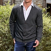 cheap Men&#039;s Cardigan Sweater-Men&#039;s Cardigan Sweater Dress Sweater Knit Sweater Ribbed Knit Regular Button Up Side Pockets Solid Color V Neck Fashion Classic Daily Wear Date Clothing Apparel Fall &amp; Winter Black Burgundy M L XL