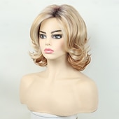 economico parrucca più vecchia-parrucche corte bionde ricce per le donne parrucca ondulata castana alla moda parrucche sintetiche resistenti al calore per tutti i giorni, Halloween, festa
