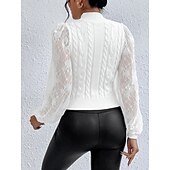 voordelige Effen kleuren-Dames Trui Elegant Modieus Dagelijks Effen Kleur Kabel Strakke ronde hals Kant Uitlopende mouw Lange mouw Normale tops breien Werk Wit Herfst Winter