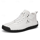 cheap Ankle Boots-Men&#039;s White Faux Leather High-Top Ankle Boots – Handcrafted Stitching, Lace-Up Design with Velcro Strap, Rugged Non-Slip Sole for Outdoor and Casual Wear