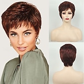 cheap Older Wigs-Red Brown Curly Pixie Wigs for White Women Short Fluffy White Hair with Bangs Natural Synthetic Heat Resistant Wig