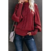 billige Solide farger-Dame Genser Elegant Mote Daglig Geometrisk Mock Neck Strikket Langermet Lange topper Strikke Arbeid Sjokkrosa Rød Høst Vinter