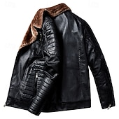 billiga Skinnimiterad jacka-Herr Imitationsläderjacka Fleece-jacka Bikerjacka Motorcykeljacka Dagligen Semester Vindtät Håller värmen Ficka Höst vinter Slät Mode Klassisk Kavajslag Normal Svart Rubinrött Brun Kaffe Jacka