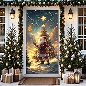 billige juledørdeksler-juledørdekorasjoner dørdeksler juletre farget glass dør billedvev dør gardin dekorasjon bakteppe dør banner for inngangsdør gårdshus ferie fest dekor forsyninger innendørs/utendørs
